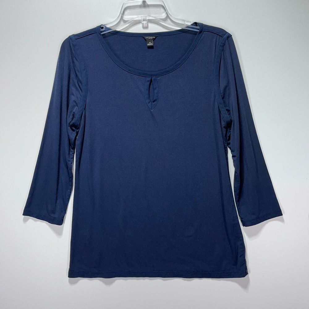 Ann Taylor Womens Top Size M Blue Keyhole 3/4 Sleeve Rayon Blend Capsule Minimal